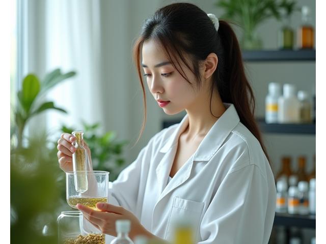 Seorang pelajar sedang mencampurkan ramuan natural dalam bengkel kosmetik di makmal moden Bunga Embun Naturals.
