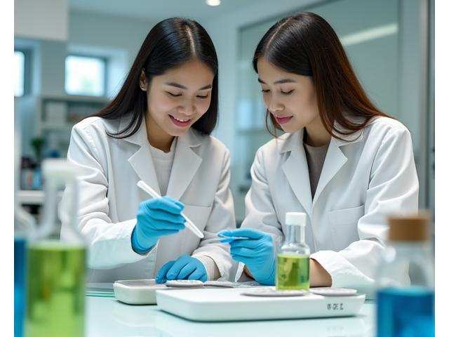 Pelajar sedang menggunakan peralatan makmal moden untuk mencampurkan formulasi kosmetik di bawah pengawasan instruktur.