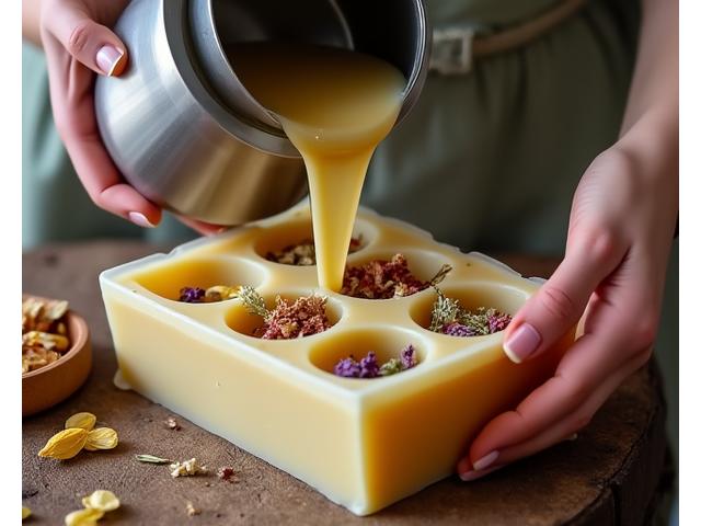 Tangan sedang menuangkan sabun cair ke dalam acuan, menunjukkan proses pembuatan sabun artisanal.