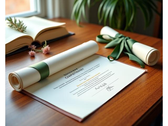 Sijil penghargaan yang digulung dengan reben, di latar belakang meja dengan bahan-bahan natural dan buku terbuka.