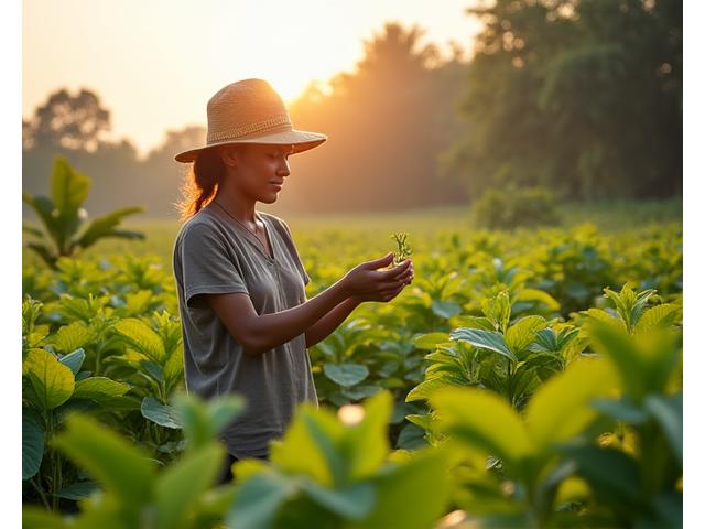 Petani tempatan di ladang botani yang lestari sedang memetik sumber bahan, menunjukkan amalan perdagangan adil dan pembungkusan mesra alam.