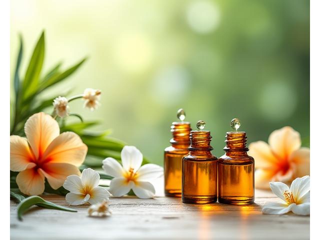 Botol minyak essential dengan kelopak bunga dan daun tropika