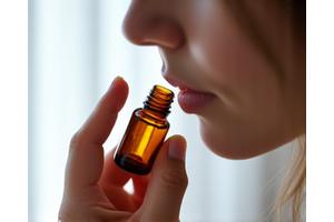 Seseorang menghirup aroma dari botol minyak essential