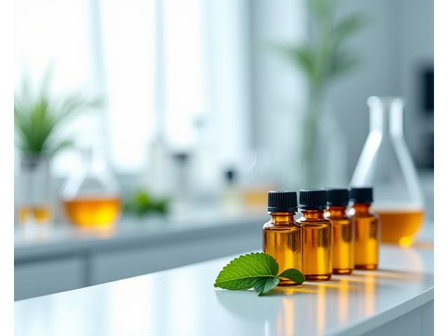 Botol-botol minyak essential dalam makmal dengan peralatan kaca