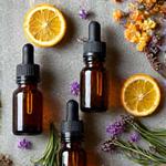 Pelbagai botol minyak essential dengan bunga aromatik di sekeliling.