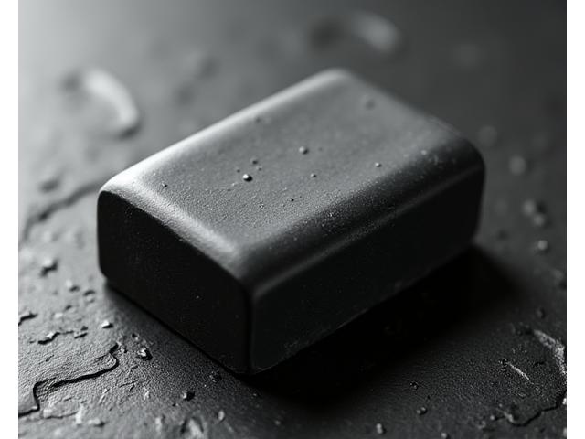 Sabun arang hitam dengan gelembung sabun kecil di atasnya.