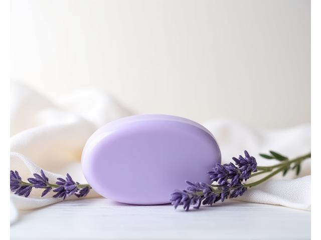 Sabun lavender berwarna ungu lembut di samping kelopak lavender kering.