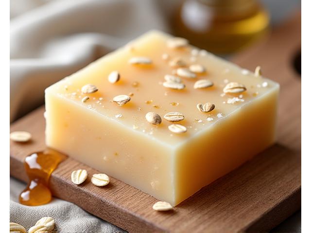Sabun madu dan oatmeal dengan tekstur kasar di atas dulang kayu rustic.