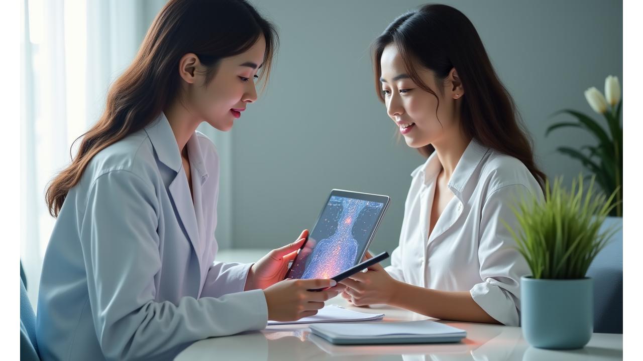 Seorang pakar dermatologi sedang melakukan penilaian kulit yang fokus pada parut, menggunakan peralatan canggih.