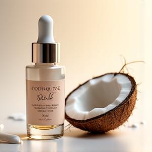 Botol serum bertekstur licin, dengan label biru muda dan kelapa segar di latar belakang.