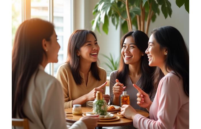 Sekumpulan wanita Malaysia yang pelbagai dan ceria berinteraksi dan berkongsi tip kecantikan, dengan latar belakang produk Bunga Embun Naturals dalam suasana yang mesra.