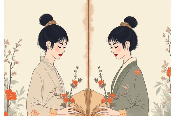 Ilustrasi gabungan simbol kecantikan tradisional Korea dan Malaysia, seperti 'hanbok' dan 'kebaya', di latar belakang buku terbuka.