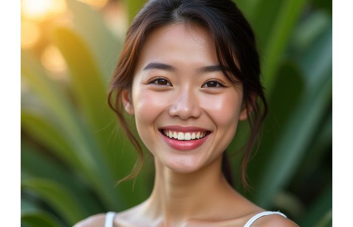 Seorang wanita muda Malaysia dengan kulit 'glass skin' yang bercahaya, senyum gembira di tengah-tengah latar belakang flora tropika yang cerah.