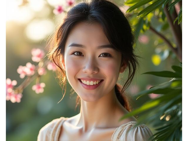 Seorang wanita Malaysia dengan kulit glowing, di latar belakang split antara seni bina tradisional Korea dan hutan hujan tropika Malaysia, melambangkan gabungan budaya.