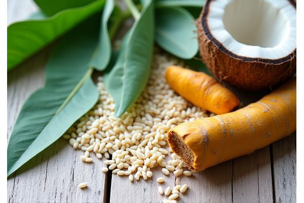Pelbagai bahan botani Malaysia seperti daun pandan, kelapa parut, beras, dan rimpang kunyit tersusun indah di atas permukaan kayu semula jadi.