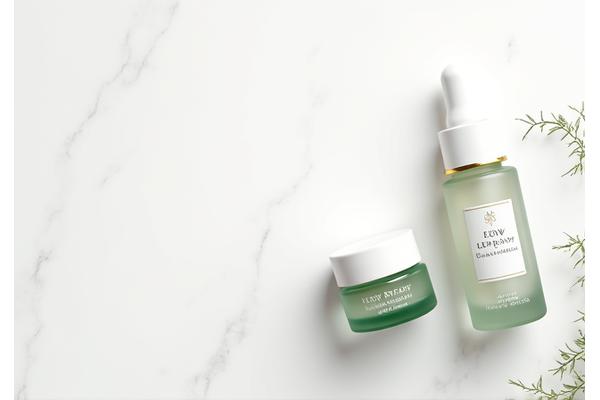 Imej minimalist produk penjagaan kulit Korea di atas permukaan marmar, dengan tumbuhan hijau lembut di latar belakang.