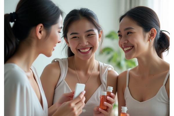 Wanita pelbagai etnik Malaysia mengaplikasikan produk penjagaan kulit. Fokus pada tekstur ringan dan moden.