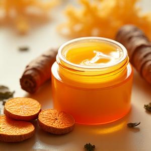 Bekas krim muka yang berkilauan, dengan kesan 'glass skin' dan hirisan kunyit segar di sekelilingnya.