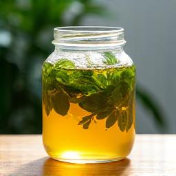 Mangkuk fermentasi kaca yang perlahan-lahan memproses ekstrak botani herba, dengan gelembung-gelembung mikroorganisma yang aktif.