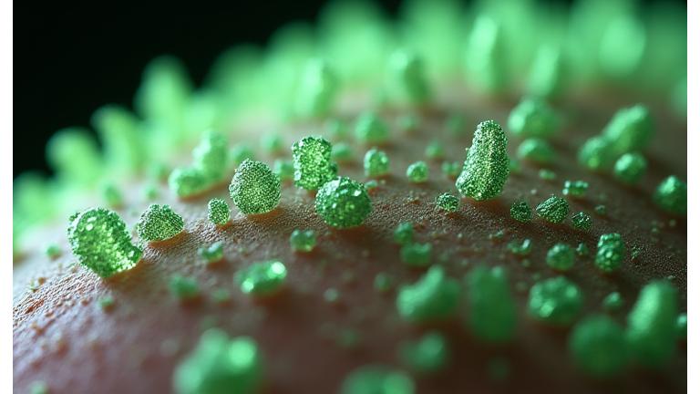 Visualisasi dekat mikrobioma kulit yang sihat dengan pelbagai warna bakteria yang bermanfaat, menunjukkan keseimbangan ekosistem kulit.