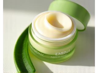 Wadah pelembap prebiotik dengan tekstur krim mewah, diapit oleh daun aloe vera.