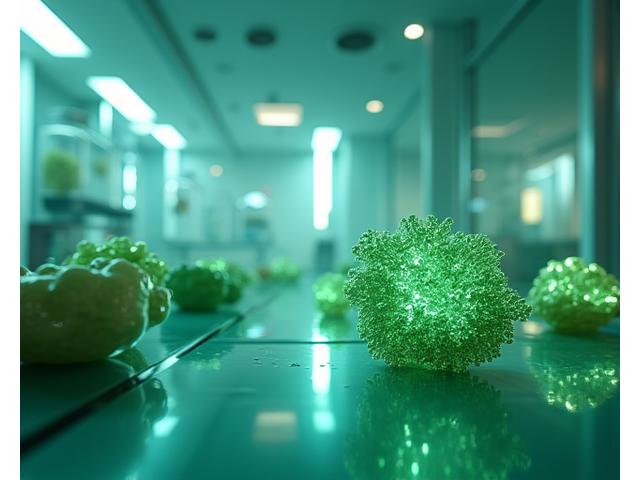 Penglihatan masa depan mengenai penyelidikan kulit mikrobioma, dengan pencahayaan makmal berteknologi tinggi dan ilustrasi kulit 3D yang menunjukkan bakteria aktif.