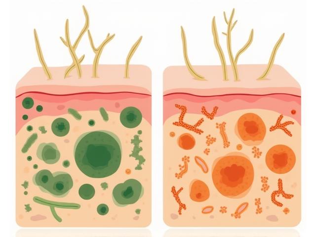 Infografik perbandingan antara mikrobioma kulit yang seimbang dan tidak seimbang, dengan ilustrasi bakteria baik dan jahat yang berbeza.
