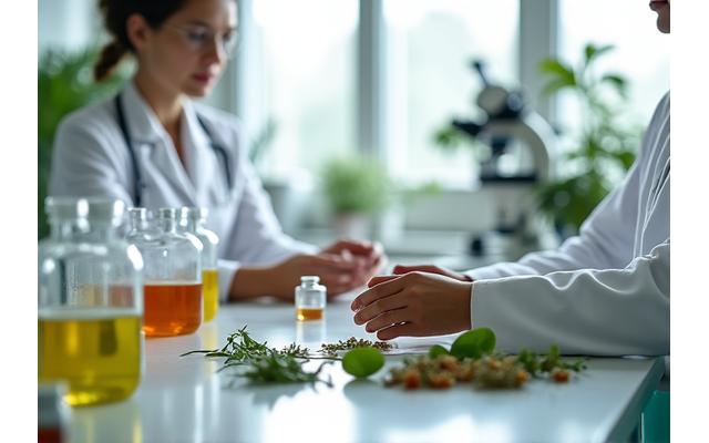 Penyelidik bekerja di makmal dengan tumbuhan herba dan peralatan saintifik